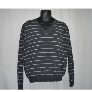 Polo Ralph Lauren Lightweight V Neck Sweater Pima Cotton Gray Striped Mens L‎